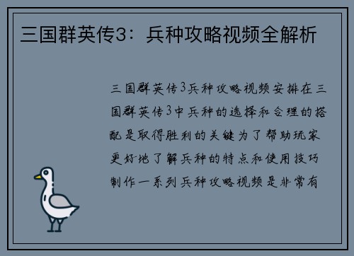 三国群英传3：兵种攻略视频全解析